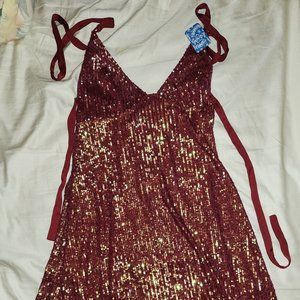 Free People Gold Rush Sequined Tie Back Mini Dress Red